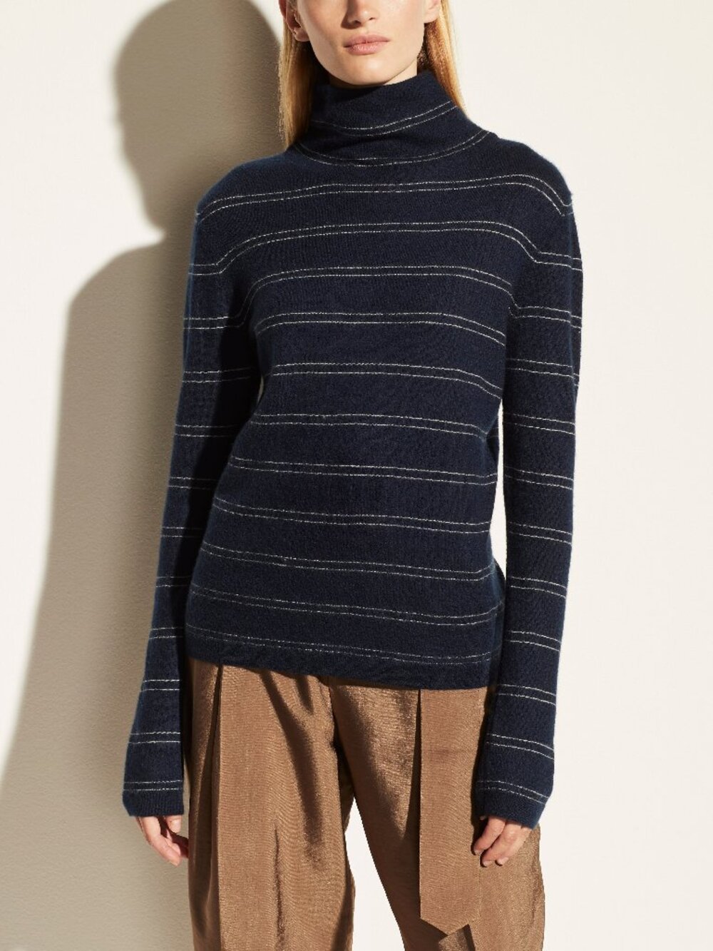 NWT Vince Boiled Cashmere Striped Turtleneck Sweater Coastal Navy XL $365